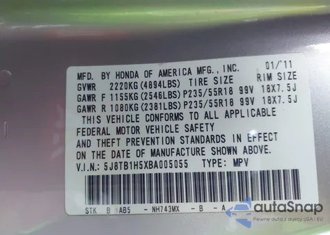2011 Acura Rdx from USA, damaged, VIN 5J8TB1H5XBA005055